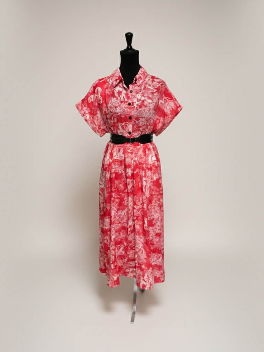 Red & White Printed Button-Front Midi Dress